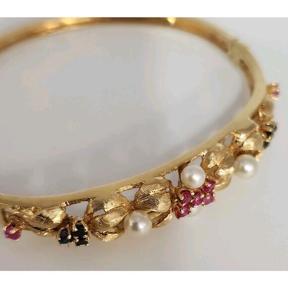 Antique 14k Yellow Gold Pearls,Ruby & Sapphire Bangle Bracelets - Picture 6 of 12